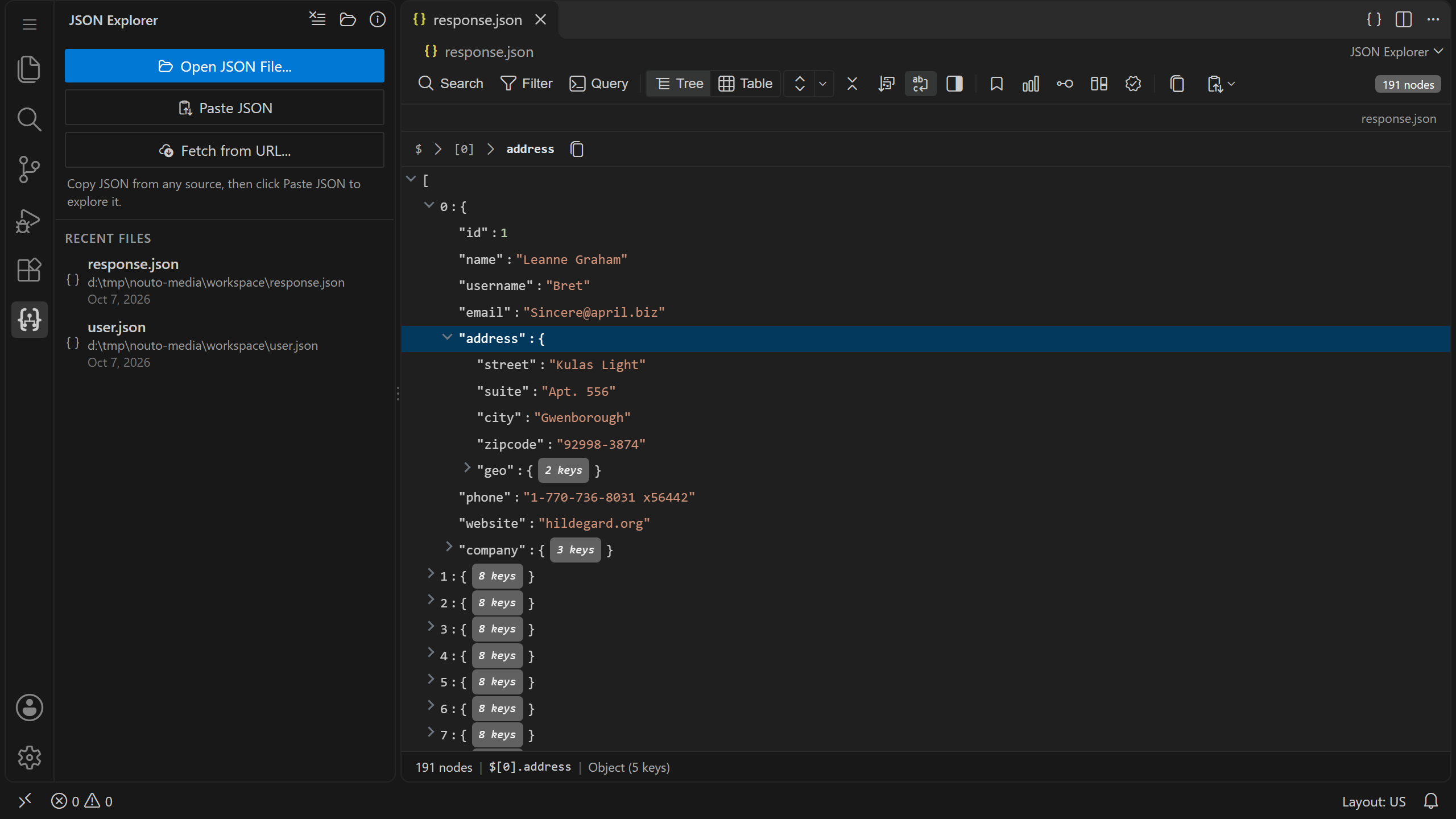 The JSON Explorer extension in VS Code: response.json in the tree view with the first user's address expanded, and the Recent Files list in the side bar