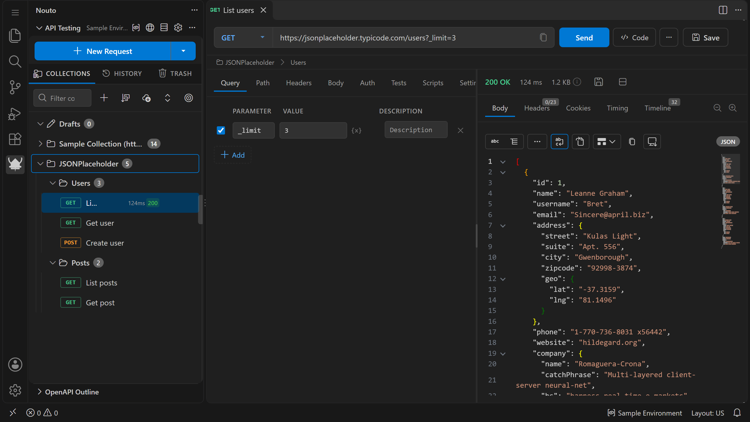 Nouto in VS Code: a JSONPlaceholder collection in the sidebar, and a GET request with a _limit query parameter beside its 200 OK JSON response